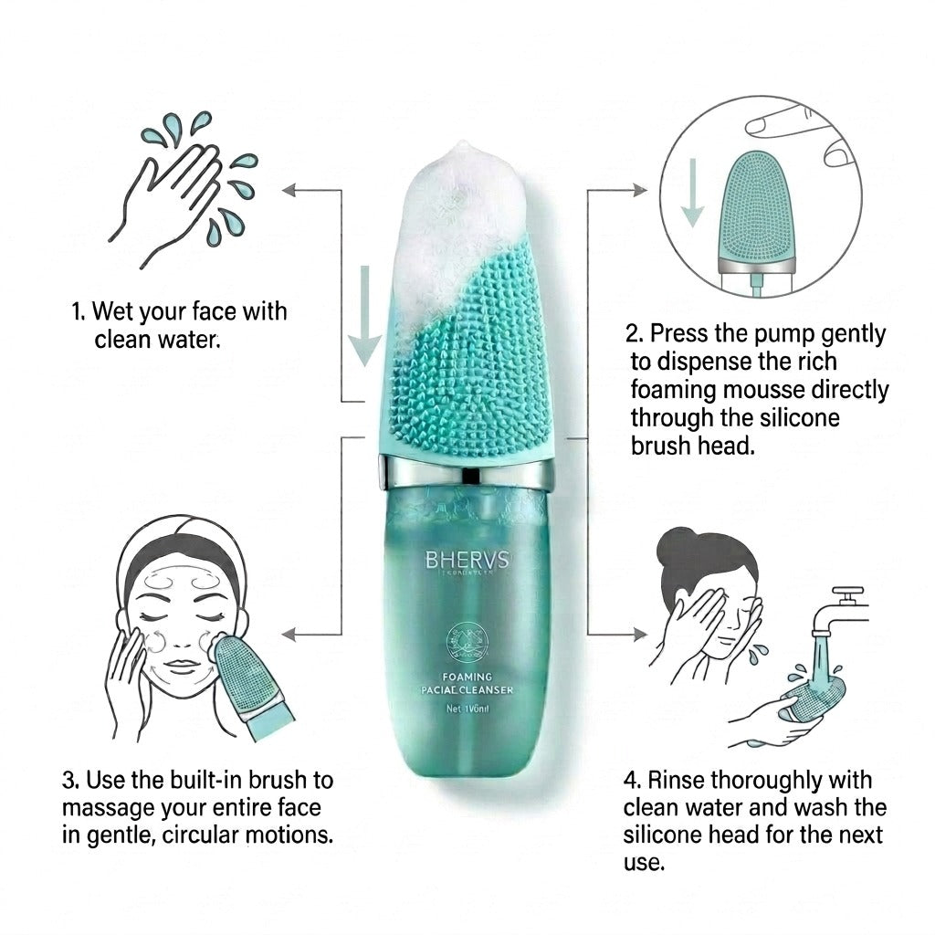 BHERVS Hydrating Foaming Facial Cleanser / Deep Clean & Moisture Mousse with Silicone Massager Brush